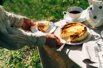 Aesthetic countryside breakfast with Basque Cheesecake and coffee