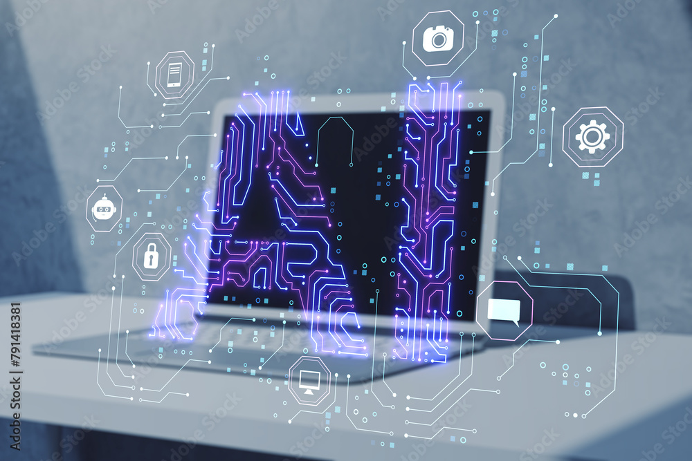 Poster Close up of notebook on light background with glowing blue AI hologram. Artificial intelligence, technology and innovation concept.