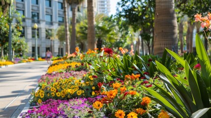 Closeup of a public square adorned with vibrant flower beds providing a serene and colorful oasis for people to relax and socialize in the midst of a bustling urban environment. .