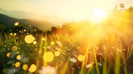 Deurstickers Beautiful sunrise in the mountain..Meadow landscape refreshment with sunray and golden bokeh. © john