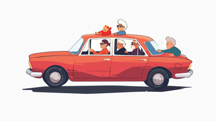 Funny old family driving in red car on weekend holiday - obrazy, fototapety, plakaty