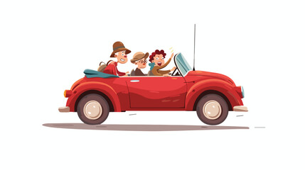Funny old family driving in red car on weekend holiday - obrazy, fototapety, plakaty
