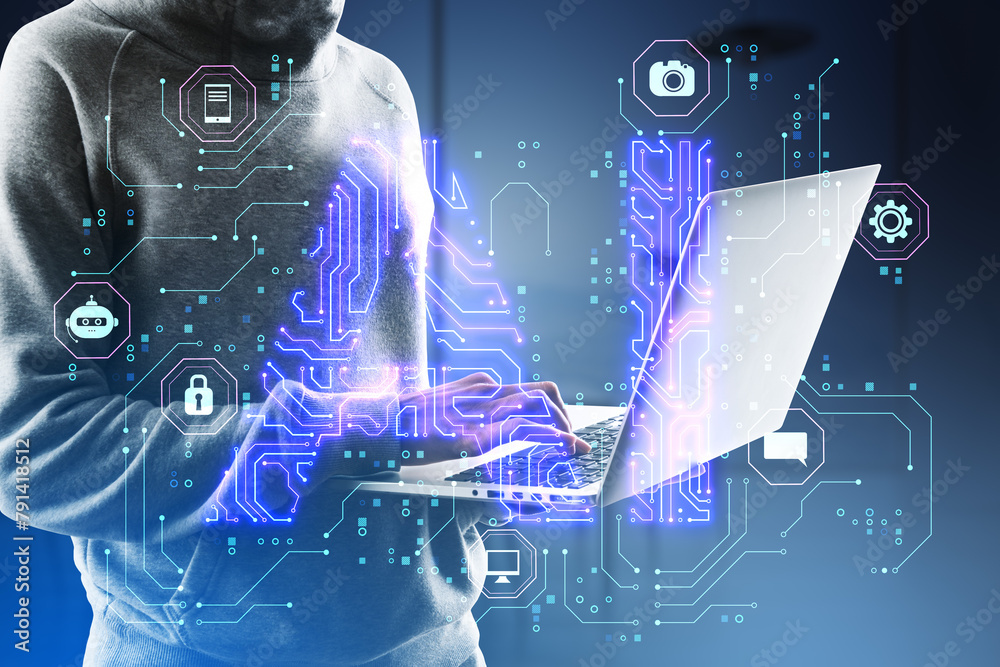 Poster close up of hacker in hoodie using laptop with glowing blue ai hologram on blurry background. artifi