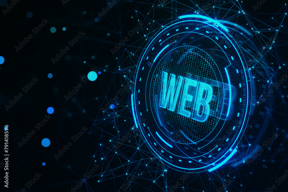 Poster creative glowing web hologram on blurry background. metaverse and future concept. 3d rendering.