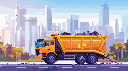 Garbage truck and incinerator on abstract cityscape 