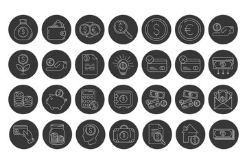 Money and payment methods, white outline icon set with black round frame. Business and finance collection with cash, coin, banking, card, exchange, saving, transaction symbol. Vector illustration