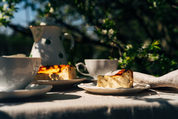 Beautiful sunlight breakfast with Cheesecake and coffee