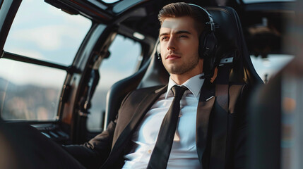 Successful businessman sitting in a helicopter