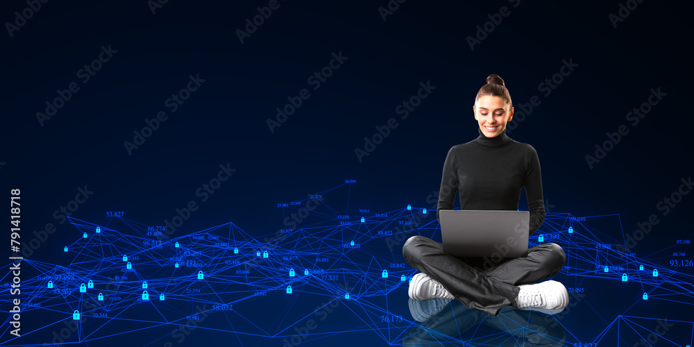 Poster happy young woman using laptop with creative polygonal mesh on blue background with mock up place. b