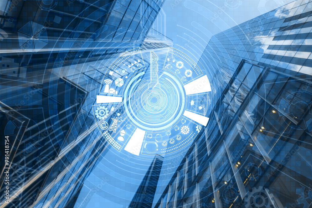 Poster creative round digital key hologram on blurry blue city background. concept of cyber security or pri