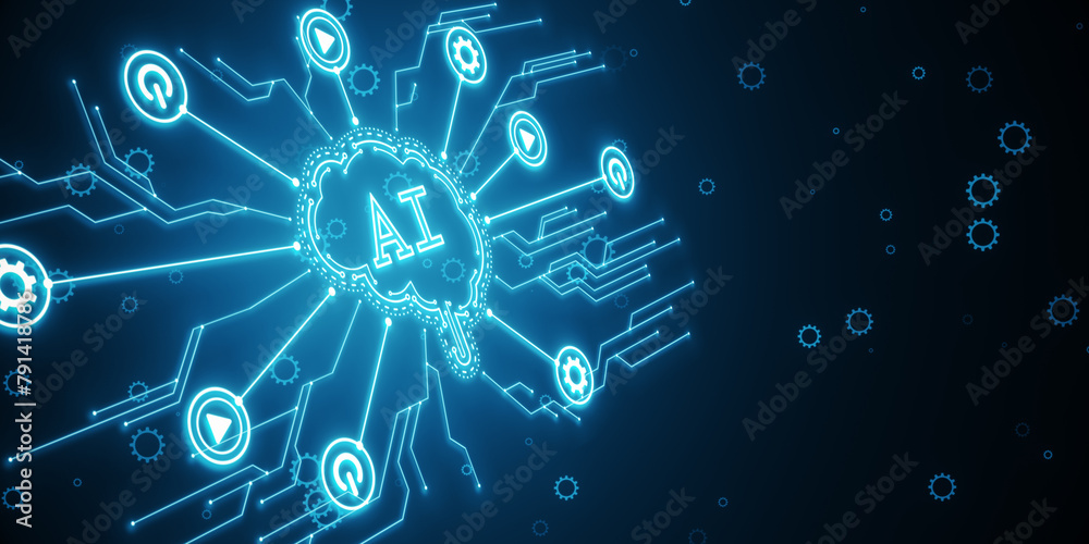 Poster Creative glowing AI brain hologram and circuit on dark backdrop. Artificial intelligence and innovation concept. 3D Rendering.