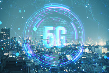 Creative glowing polygonal 5G hologram on blurry toned city background. High-speed mobile Internet, new generation networks. Mixed media. Double exposure.