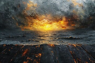 Obraz premium Wooden pier with burning sea on the background, rendering