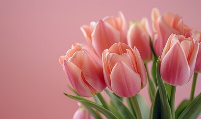 Tulips on pink background. Greeting card for Valentine's Day, Woman's Day, Mother's Day, Easter.