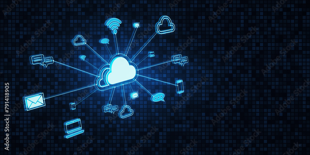 Poster Creative cloud computing hologram with various icons on dark background with mock up place. Cyber data and media concept. 3D Rendering.