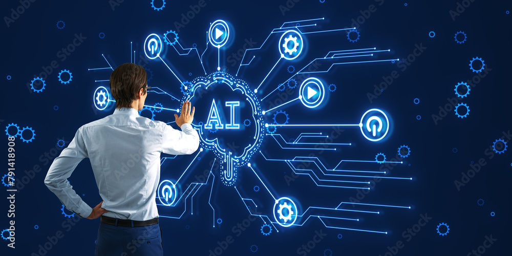 Poster Back view of young man using creative glowing AI brain hologram and circuit on dark background. Artificial intelligence and innovation concept.