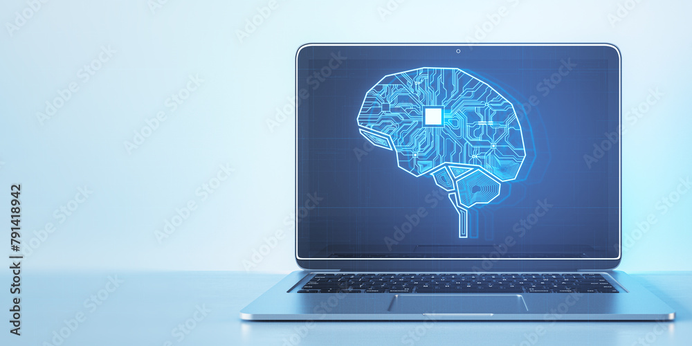 Poster Close up of laptop with creative glowing AI brain hologram and circuit on light background with mock up place. Artificial intelligence and innovation concept. 3D Rendering.
