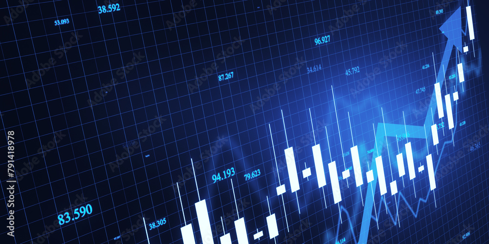 Poster creative blue candlestick forex chart and growing arrow on blue backdrop. trade, finance and stock c