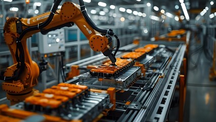 Robotic arm at giga factory assembles electric vehicle batteries for green energy. Concept Green Energy, Electric Vehicles, Robotic Technology, Giga Factory, Battery Assembly