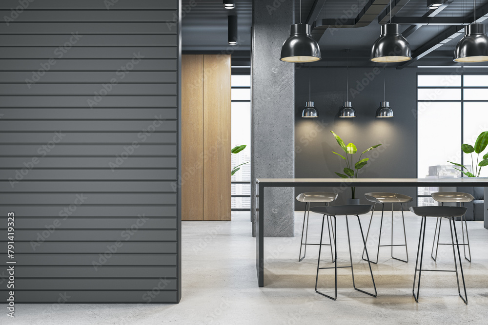 Poster modern kitchen interior with blank mock up place on wall, table, chairs and panoramic windows with c