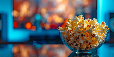 Movie night essentials Glass bowl of popcorn with defocused bokeh lights background Popcorn in glass bowl on wooden table against dark background closeup Movie night concept with copy space