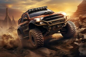 Off-road vehicle in the desert at sunset,   rendering
