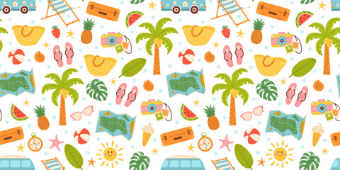 Cute summer beach elements. Vacation accessories for sea holidays. Hand drawn vector seamless pattern