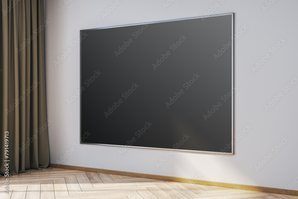 Poster modern interior with empty black mock up banner on wall, curtain and sunlight. 3d rendering.