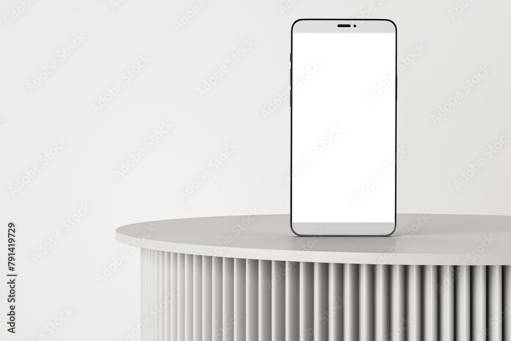 Poster empty classic pedestal on light background with white mock up smartphone screen. product placement a