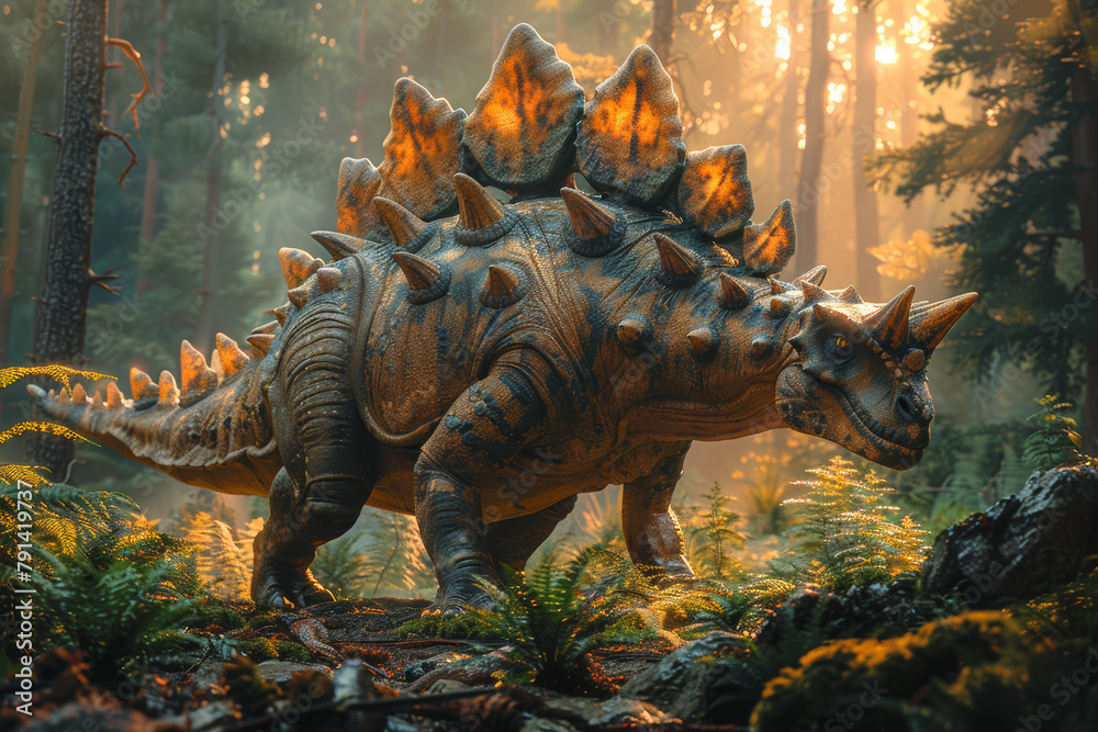 Sticker A quirky Stegosaurus, with its distinctive plates along its back and spiked tail, lumbering through dense prehistoric forests. Concept of armored herbivore. Generative Ai.