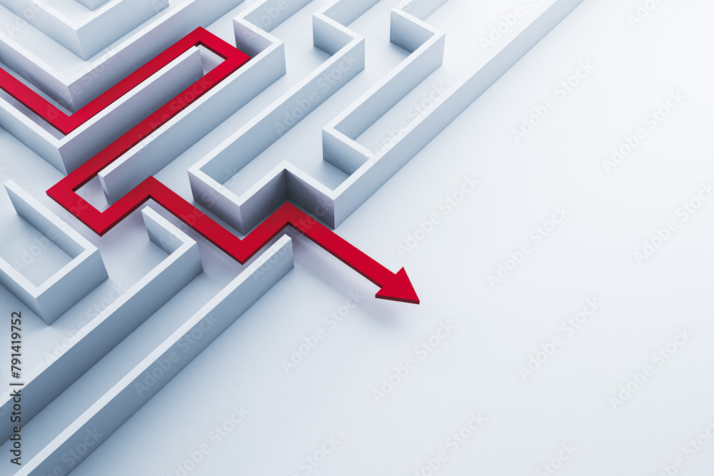 Aufkleber Abstract red arrow going through white maze with mock up place. Labyrinth and solution concept. 3D Rendering.
