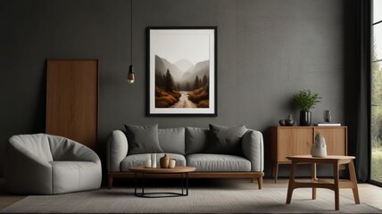 Frame mockup, ISO A paper size. Living room wall poster mockup. Interior mockup with house background. Modern interior design. 3D render