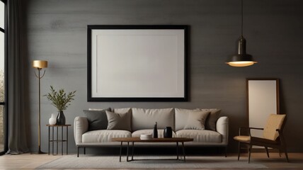 Frame mockup, ISO A paper size. Living room wall poster mockup. Interior mockup with house background. Modern interior design. 3D render - obrazy, fototapety, plakaty
