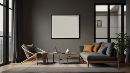 Frame mockup, ISO A paper size. Living room wall poster mockup. Interior mockup with house background. Modern interior design. 3D render