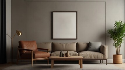Frame mockup, ISO A paper size. Living room wall poster mockup. Interior mockup with house background. Modern interior design. 3D render