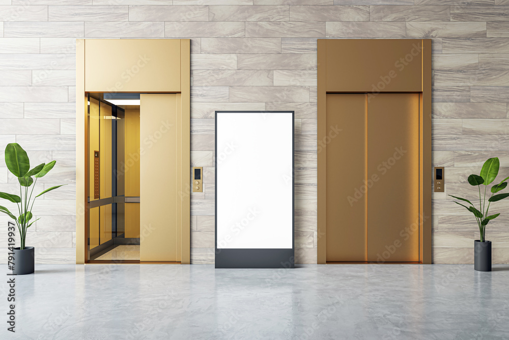 Poster modern elevator doors open with blank billboard in a marble hallway. 3d rendering