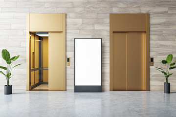 Modern elevator doors open with blank billboard in a marble hallway. 3D Rendering © Who is Danny