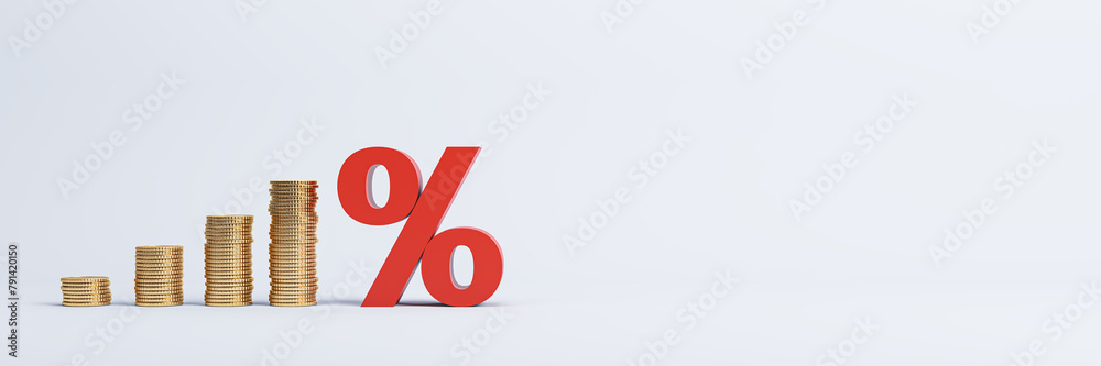 Poster growing stacked golden coins and red interest rates on white background with mock up place. financia