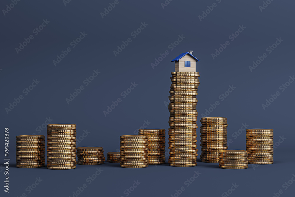 Poster stacked golden coins with small houses on dark backdrop with mock up place for advertisement. mortga