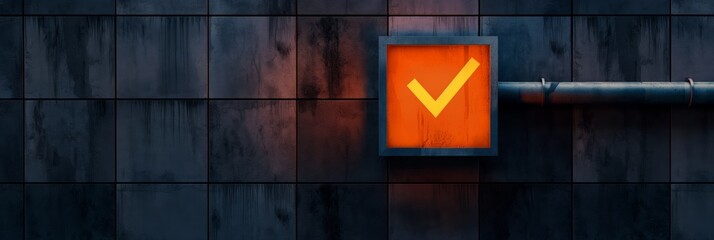 A stark, minimalist image featuring a bright orange checkmark sign against a dark blue textured metal wall