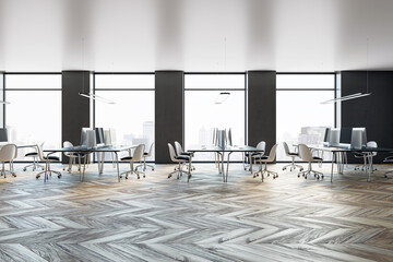 Stylish modern office with geometric flooring and cityscape backdrop. 3D Rendering