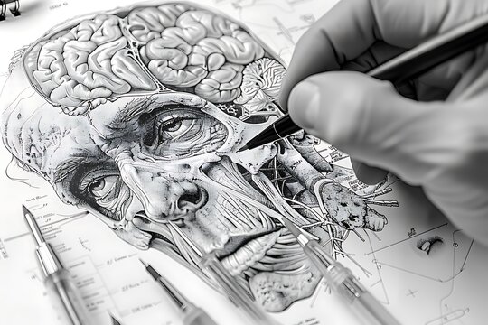 A man is drawing a skull with a pen on a piece of paper