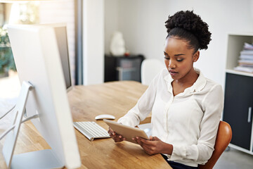 Business, computer and black woman with tablet in office for creative, design or idea, search and...