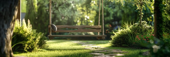 Sunlight filters through the trees onto a peaceful garden with a wooden swing, inviting relaxation and contemplation