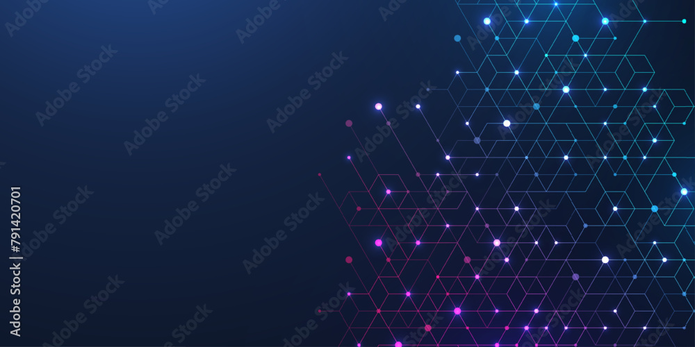 Aufkleber Technology abstract lines and dots connect background with hexagons. Hexagons connection digital data and big data concept. Hex digital data visualization. Vector illustration