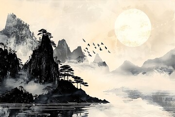 A serene landscape with a large moon and a group of birds flying in the sky