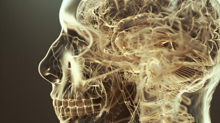 An X-ray image providing insight into the internal anatomy of the human skull, highlighting the intricate network of bones that protect the brain and support the facial structure. - obrazy, fototapety, plakaty
