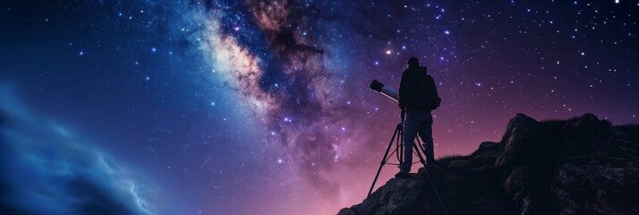An awe-inspiring image of an astronomer standing on a rocky outcrop, staring into the vast Milky Way galaxy above - obrazy, fototapety, plakaty