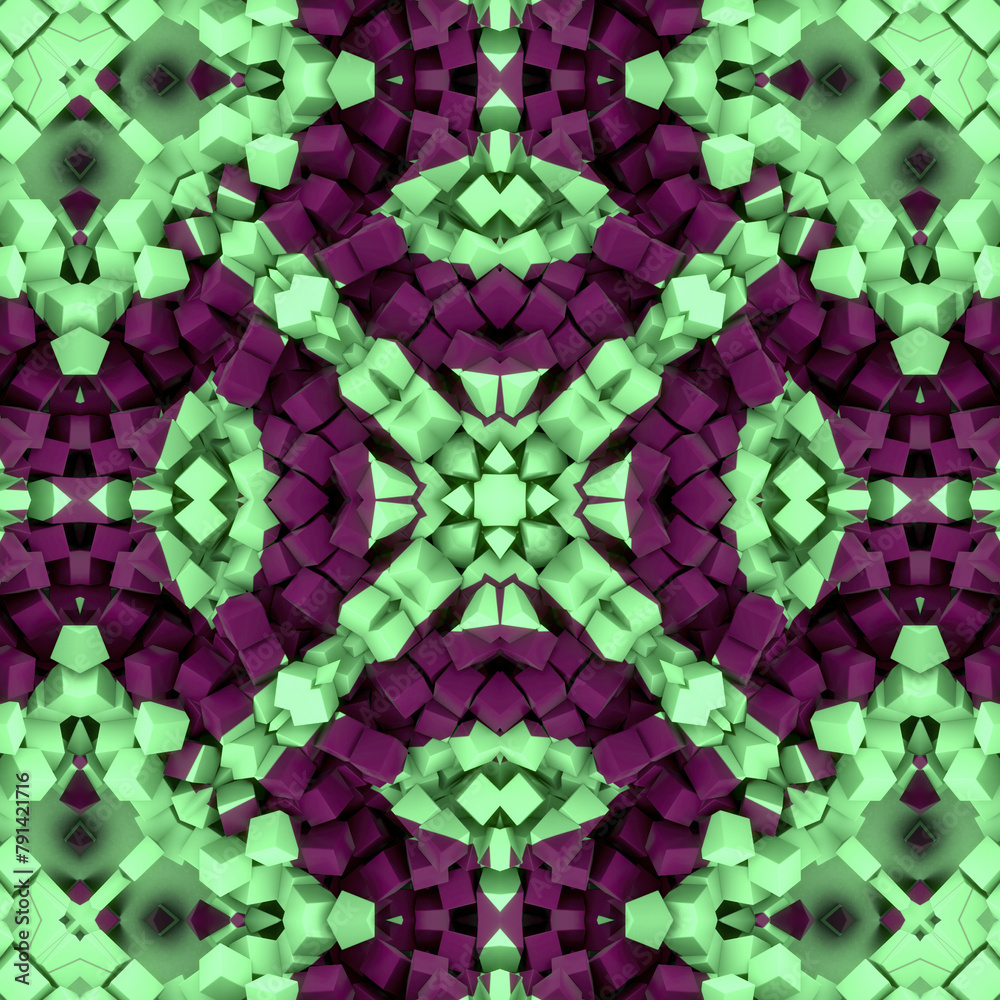 Poster Digital illustration with symmetrical pattern of scattered multicolored cubes in green and purple. 3d rendering