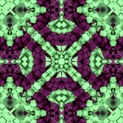 Digital illustration with symmetrical pattern of scattered multicolored cubes in green and purple. 3d rendering
